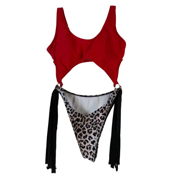 Red Leopard Print Cutout One Piece Swimsuit With Fringe Large Sexy Eighties  Hot - Picture 1 of 5